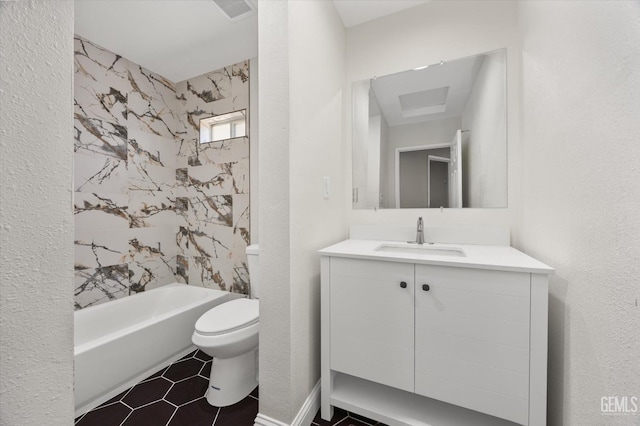 full bath with toilet, vanity, tile patterned flooring, and tub / shower combination