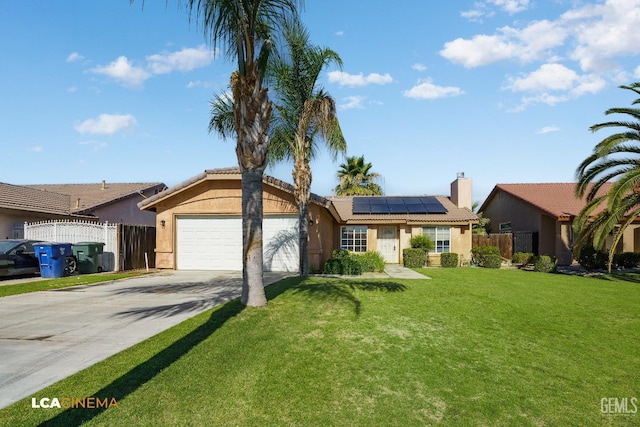 6905 Gwenivere Ct, Bakersfield, CA 93313 - single story home with stucco siding, roof mounted solar panels, driveway, an attached garage, and a tiled roof