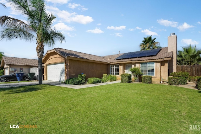 6905 Gwenivere Ct, Bakersfield, CA 93313 - ranch-style house with driveway, roof mounted solar panels, a chimney, an attached garage, and a tile roof