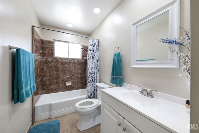 408 Pebble Beach Dr, Bakersfield, CA 93309 - bathroom with shower / bath combo, tile patterned flooring, vanity, and toilet