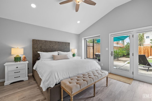 8220 Birmingham St, Bakersfield, CA 93311 - bedroom with vaulted ceiling, access to exterior, light wood-style floors, recessed lighting, and ceiling fan