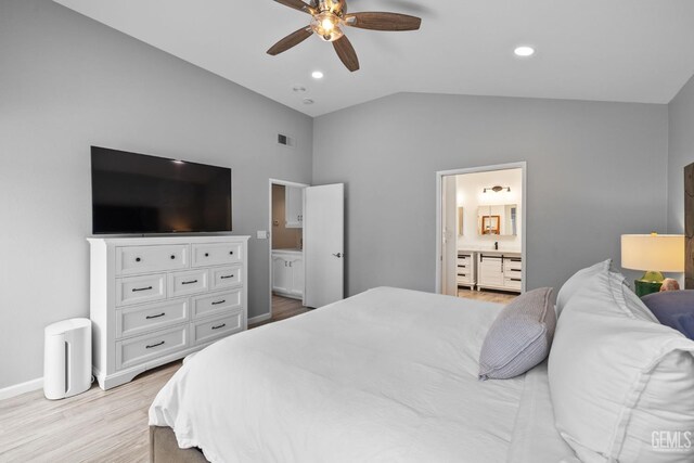 8220 Birmingham St, Bakersfield, CA 93311 - bedroom with lofted ceiling, light wood-style flooring, ensuite bath, baseboards, and a ceiling fan