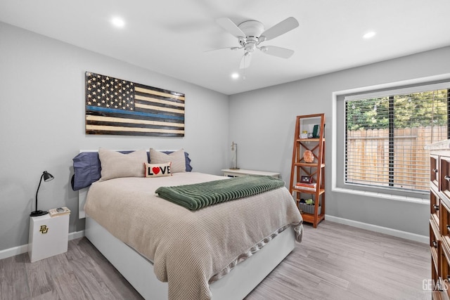 8220 Birmingham St, Bakersfield, CA 93311 - bedroom featuring light wood-style floors, baseboards, recessed lighting, and a ceiling fan