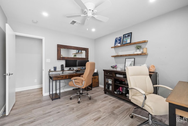 8220 Birmingham St, Bakersfield, CA 93311 - office featuring wood finished floors, baseboards, a ceiling fan, and recessed lighting