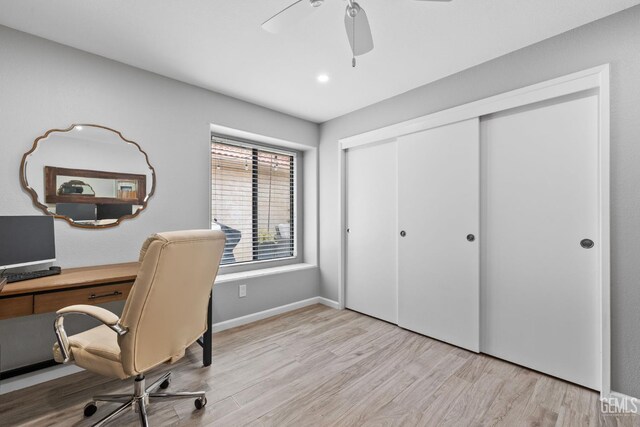 8220 Birmingham St, Bakersfield, CA 93311 - office with ceiling fan, wood finished floors, baseboards, and recessed lighting