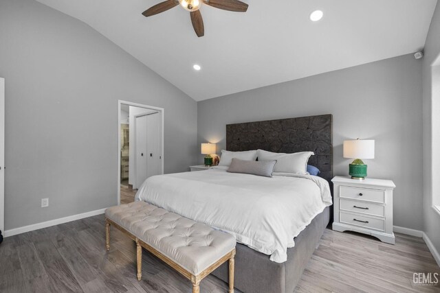 8220 Birmingham St, Bakersfield, CA 93311 - bedroom featuring vaulted ceiling, baseboards, wood finished floors, ceiling fan, and connected bathroom