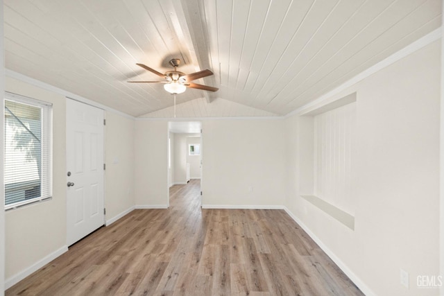 unfurnished room with ceiling fan, crown molding, wooden ceiling, light hardwood / wood-style floors, and lofted ceiling