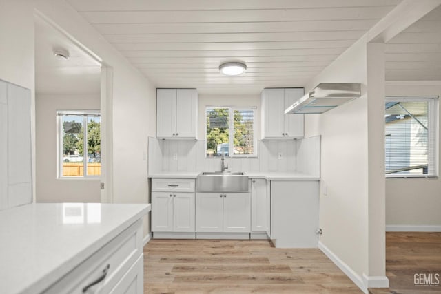 kitchen with white cabinets, decorative backsplash, light hardwood / wood-style floors, and sink