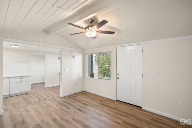 unfurnished room with vaulted ceiling with beams, ceiling fan, and light hardwood / wood-style floors