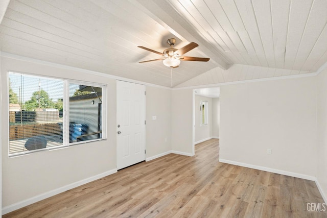 empty room with light wood-type flooring, lofted ceiling with beams, ceiling fan, and wood ceiling