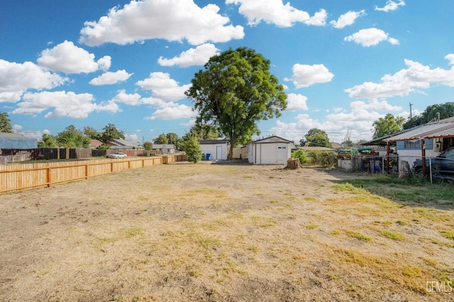 view of yard featuring a storage unit