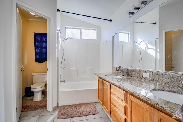 full bathroom with tile patterned floors, toilet, bathtub / shower combination, and vaulted ceiling