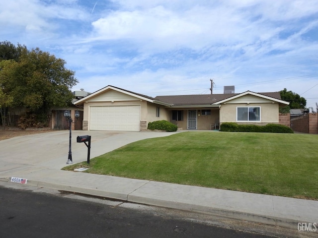 ranch-style home featuring a front lawn and a garage