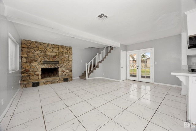 unfurnished living room with french doors, stairway, baseboards, visible vents, and marble finish floor