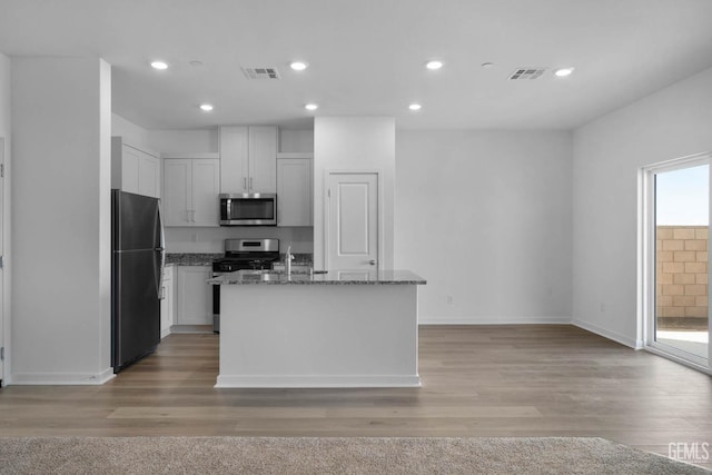 8407 Seth Alexander Way, Bakersfield, CA 93306 - kitchen featuring stainless steel appliances, dark stone counters, light wood finished floors, and recessed lighting