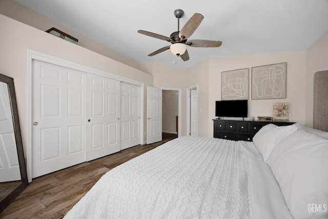 bedroom with ceiling fan, a closet, and wood finished floors