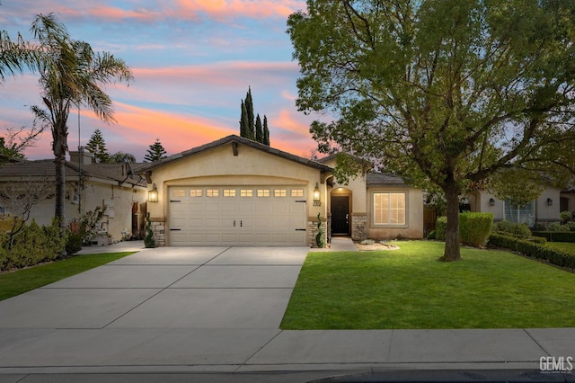 single story home featuring stucco siding, concrete driveway, a garage, stone siding, and a lawn