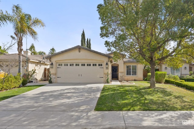 single story home with a front yard, driveway, an attached garage, stucco siding, and stone siding