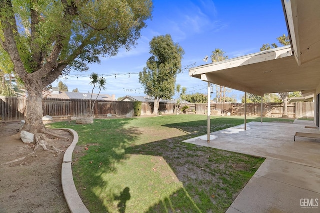 view of yard featuring a patio area and a fenced backyard