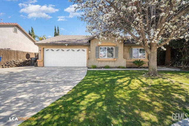 single story home featuring driveway, a tiled roof, an attached garage, a front lawn, and stucco siding