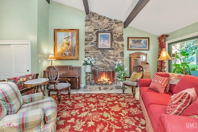 living room with lofted ceiling with beams and a stone fireplace