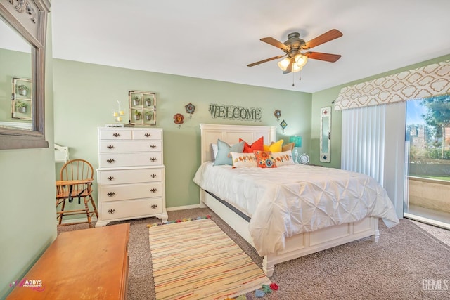 bedroom with light carpet, access to exterior, and ceiling fan