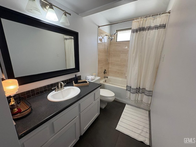 5308 Eastridge Ct, Bakersfield, CA 93306 - full bath with toilet, vanity, tile patterned flooring, and shower / bathtub combination with curtain