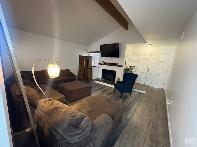 5308 Eastridge Ct, Bakersfield, CA 93306 - living room with beam ceiling, wood finished floors, a fireplace with raised hearth, and high vaulted ceiling