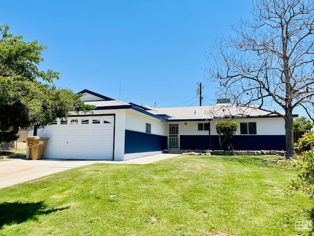 2301 Tangerine St, Bakersfield, CA 93306 - ranch-style house featuring a garage, stucco siding, driveway, and a front lawn
