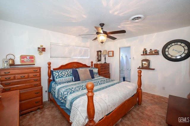 bedroom featuring ceiling fan and light colored carpet