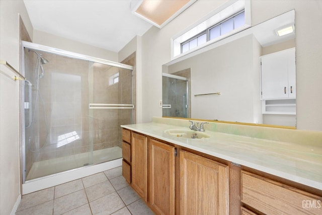 full bath featuring tile patterned flooring, a shower stall, and vanity