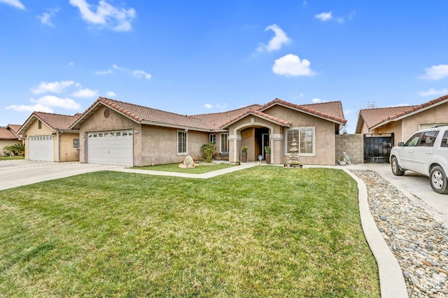 single story home with a garage and a front lawn