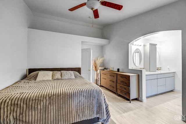 bedroom with ceiling fan and light wood-type flooring