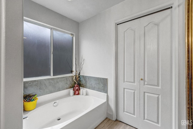 bathroom featuring wood-type flooring and a washtub