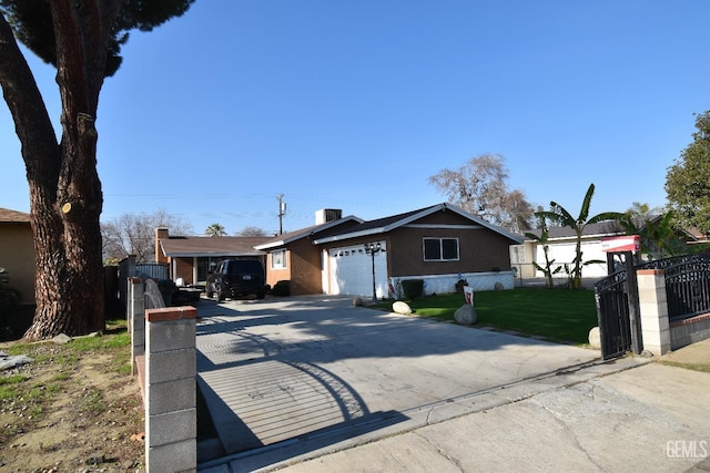 ranch-style home with cooling unit, a garage, and a front lawn