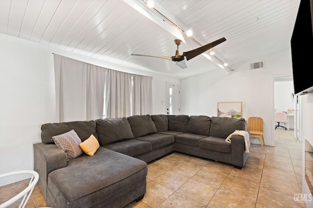 living room featuring light tile patterned floors, visible vents, wooden ceiling, ceiling fan, and rail lighting