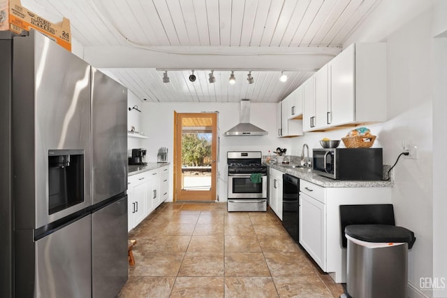 kitchen with appliances with stainless steel finishes, wood ceiling, a sink, and wall chimney range hood