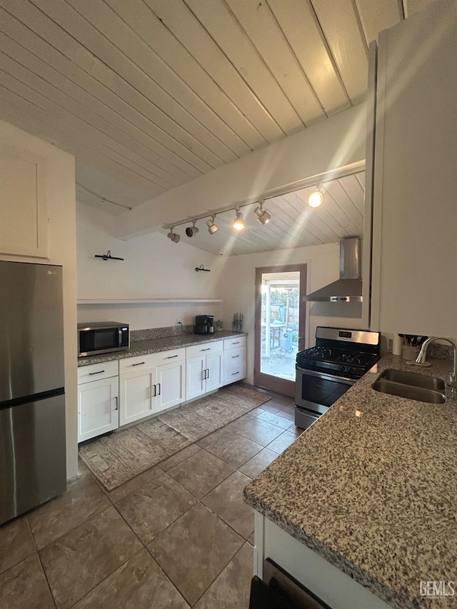 kitchen with stainless steel appliances, a sink, wood ceiling, white cabinets, and wall chimney exhaust hood