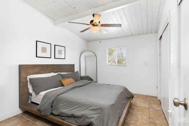 bedroom featuring wood ceiling, ceiling fan, lofted ceiling with beams, and baseboards