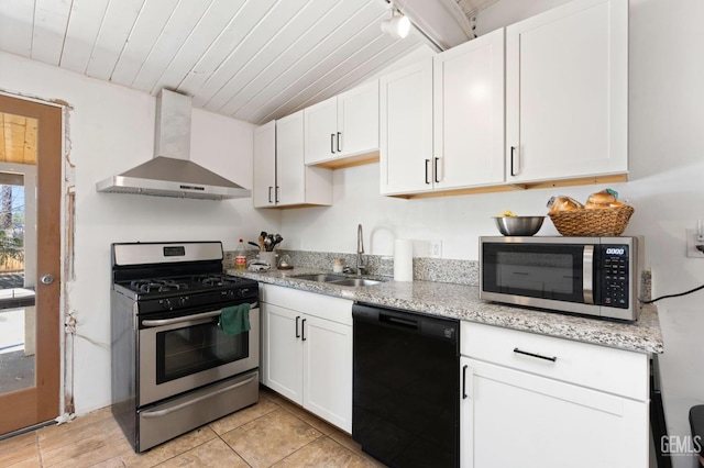 kitchen featuring white cabinets, wooden ceiling, appliances with stainless steel finishes, wall chimney range hood, and a sink