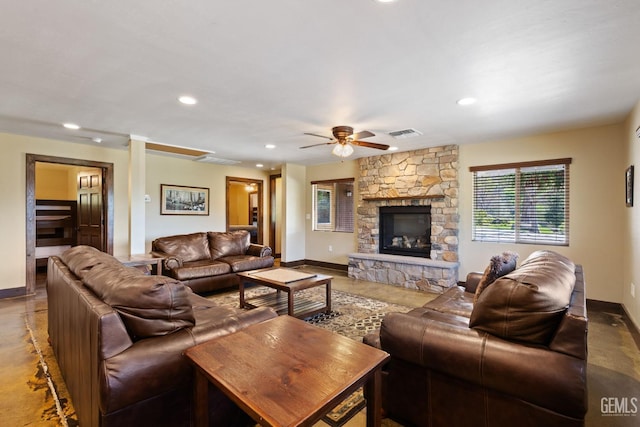 4227 Poso Flat Rd, Bakersfield, CA 93308 - living room with baseboards, a ceiling fan, recessed lighting, and a stone fireplace