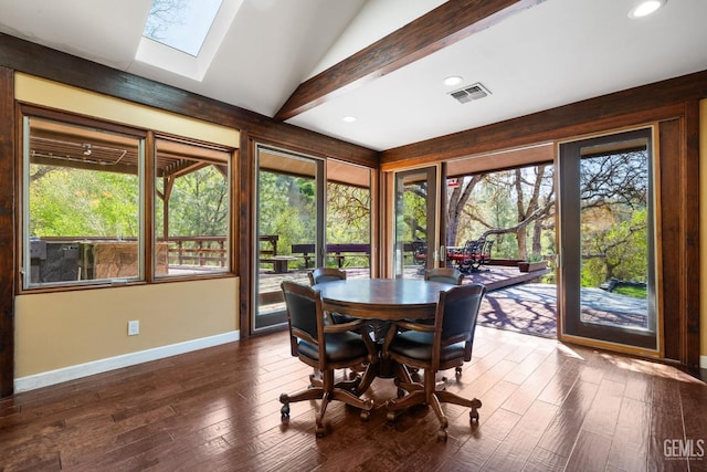 4227 Poso Flat Rd, Bakersfield, CA 93308 - dining area with visible vents, dark wood-style flooring, baseboards, recessed lighting, and vaulted ceiling with skylight