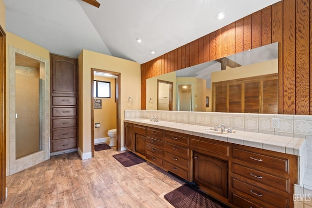 4227 Poso Flat Rd, Bakersfield, CA 93308 - full bath with wood finished floors, lofted ceiling, toilet, a shower stall, and a sink