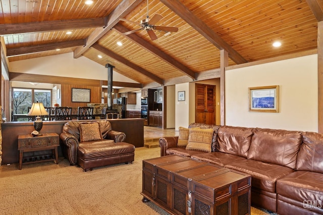4227 Poso Flat Rd, Bakersfield, CA 93308 - living area featuring recessed lighting, light colored carpet, lofted ceiling with beams, and wood ceiling