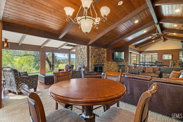 4227 Poso Flat Rd, Bakersfield, CA 93308 - dining area with wooden ceiling, a stone fireplace, vaulted ceiling with beams, and ceiling fan with notable chandelier