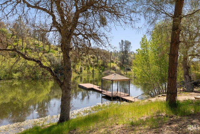 4227 Poso Flat Rd, Bakersfield, CA 93308 - view of dock featuring a gazebo, a water view, and a forest view