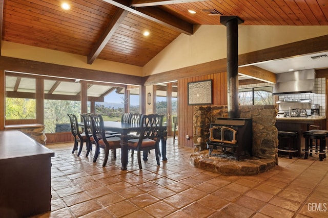 4227 Poso Flat Rd, Bakersfield, CA 93308 - dining space with recessed lighting, lofted ceiling with beams, a wealth of natural light, and a wood stove