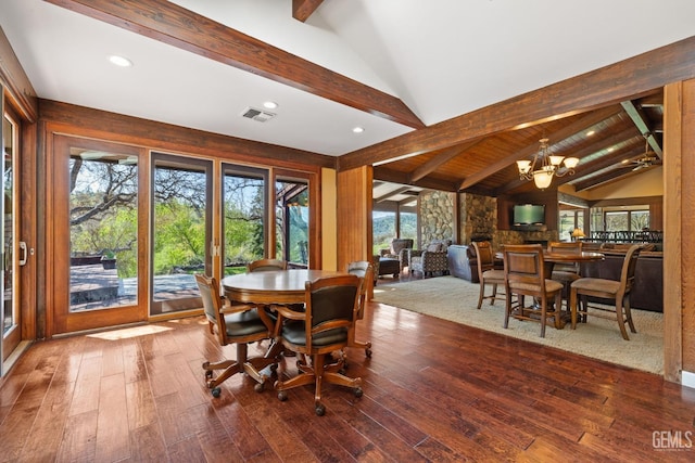 4227 Poso Flat Rd, Bakersfield, CA 93308 - dining space with visible vents, hardwood / wood-style floors, vaulted ceiling with beams, recessed lighting, and a notable chandelier