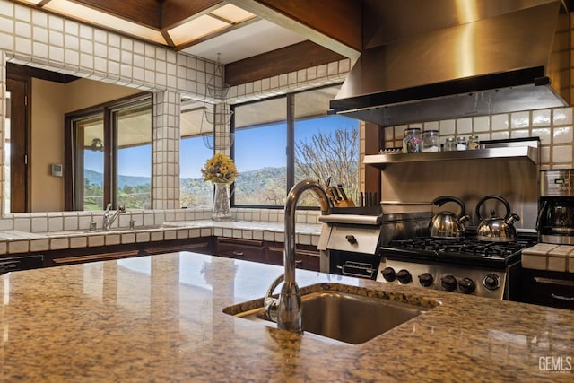 4227 Poso Flat Rd, Bakersfield, CA 93308 - kitchen featuring a sink, a healthy amount of sunlight, wall chimney range hood, and tasteful backsplash