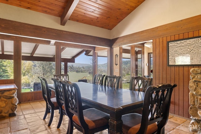 4227 Poso Flat Rd, Bakersfield, CA 93308 - dining area featuring stone tile flooring, lofted ceiling with beams, plenty of natural light, and wooden walls